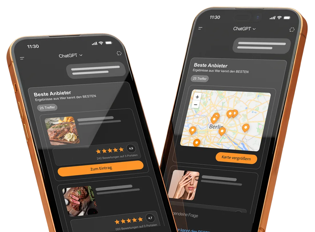 Vorschau der „wer kennt den BESTEN“-Ergebnisse im KI-Chat auf zwei Smartphones